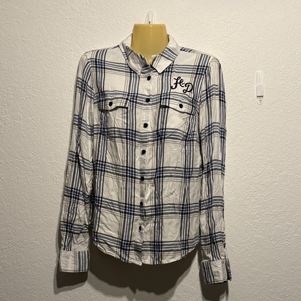 Harley-Davidson Womens White Blue Plaid Button Down Embroidered Shirt Medium Top